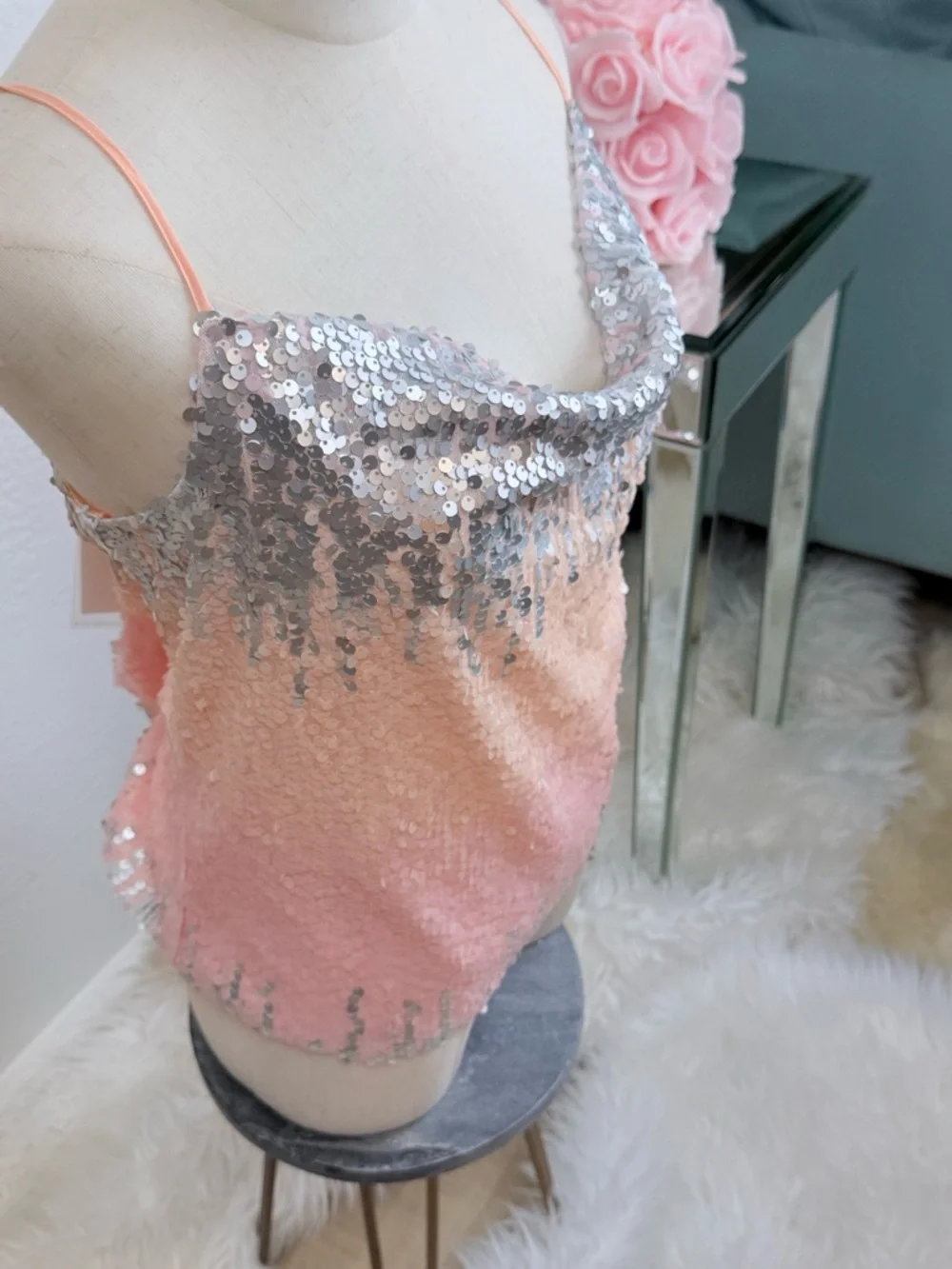 Endless Rose Silver to Peach Ombre Sequin Cowl Camisole - Picture 3 of 10